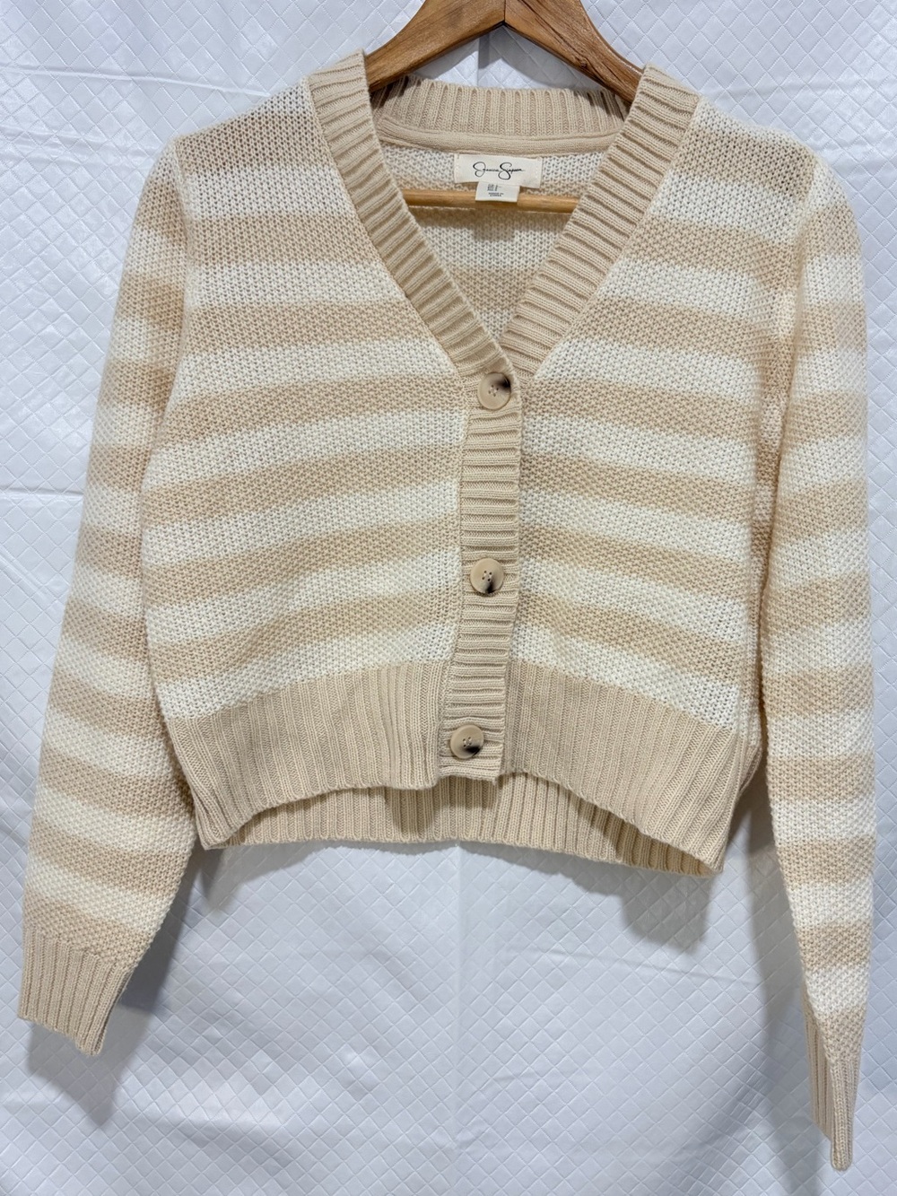 Jessica Simpson Striped Cropped V-Neck Cardigan - Beige & Cream